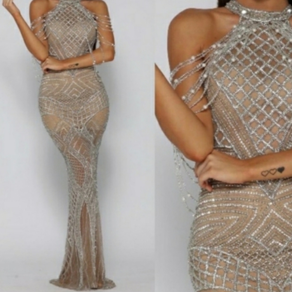 Portia and Scarlett Silver and Nude Crystal Embellished/Beaded Dress/Gown size 6